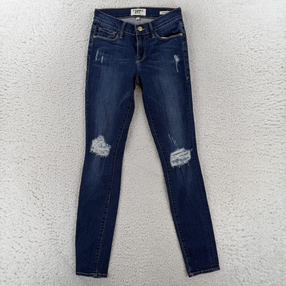 Frame Le Skinny De Jeanne Jeans Womens 26 Blue Dark Wash Mid Rise Distressed